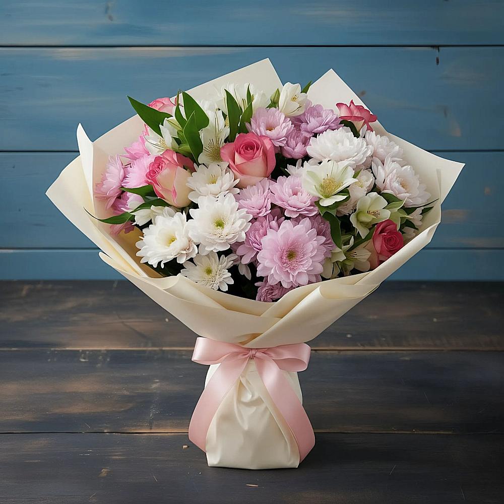 Букет цветов из: Хризантемы, Альстромерии и Розы в Чесма